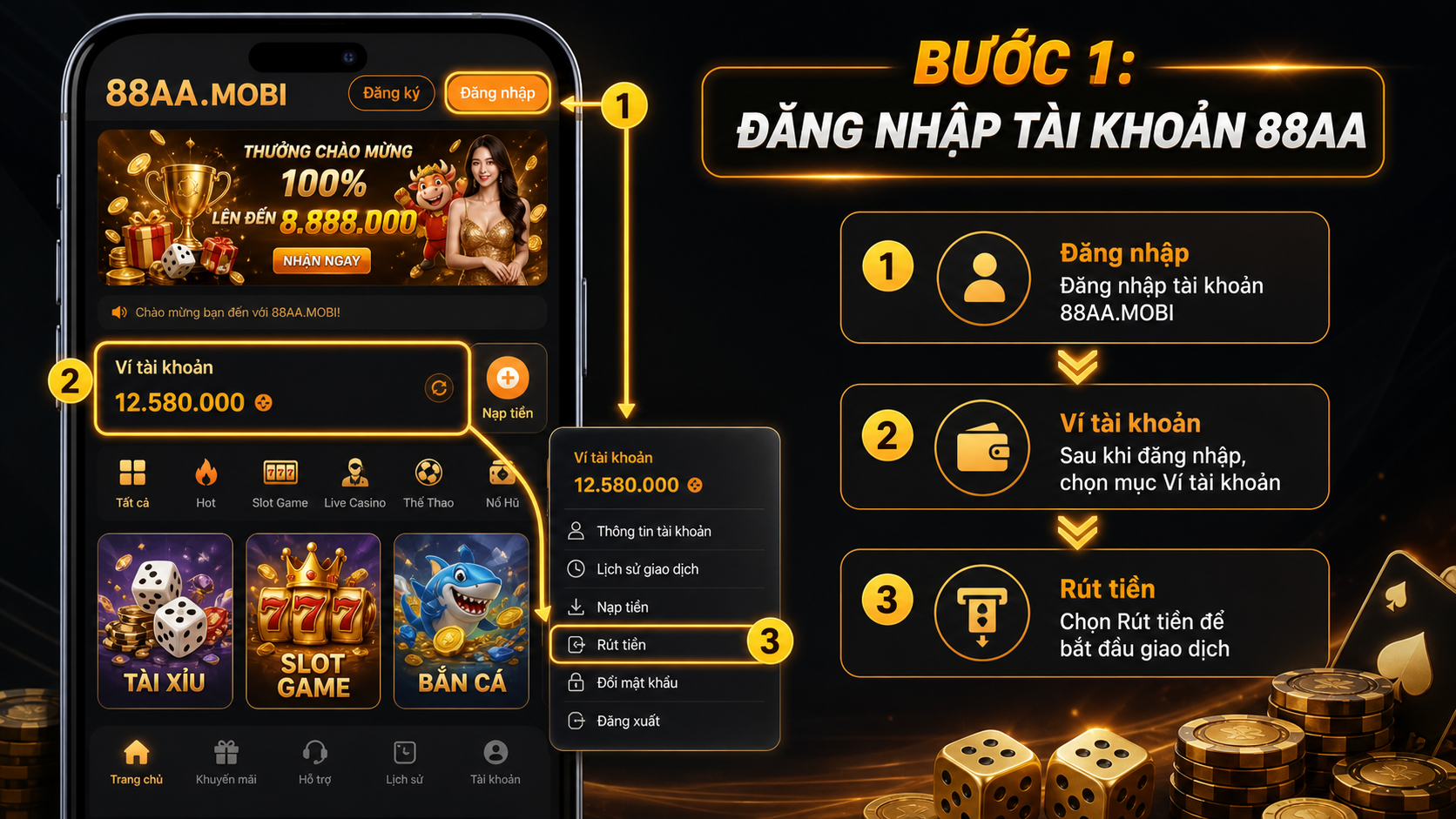 Đăng nhập tài khoản 88AA trước khi rút tiền